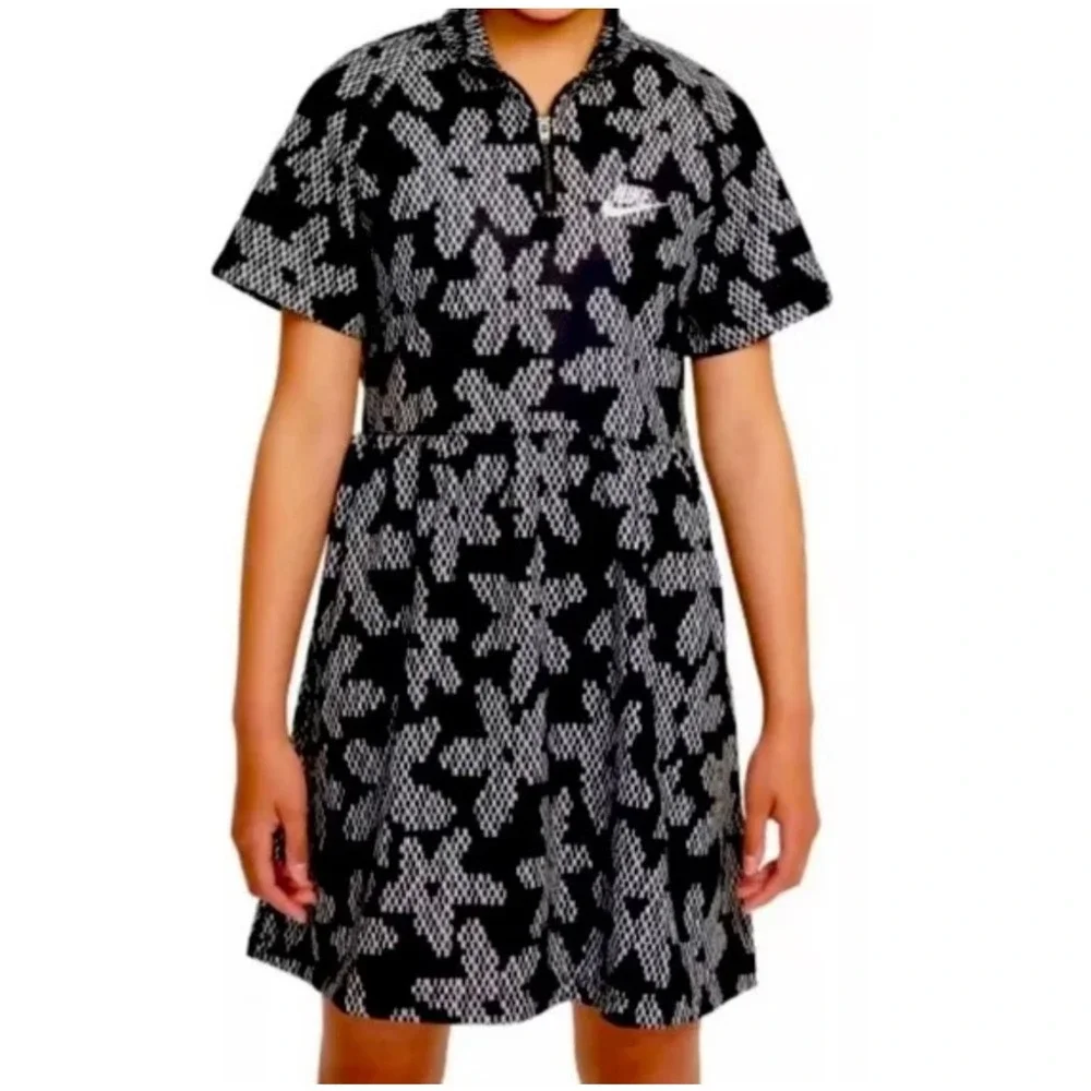 Nike Sportswear Girls' XL Black & White Floral Short Sleeve Dress DM8212 Zip‎